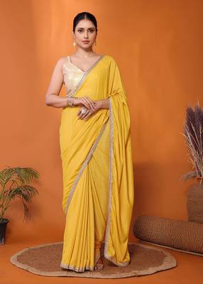 Yellow embellished pure georgette bollywood saree with blouse piece 2
