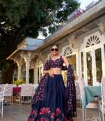 Blue Floral Printed tussar silk lehenga choli with dupatta
