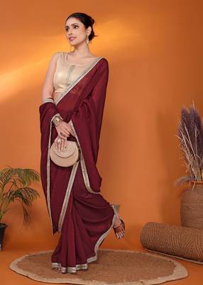 Maroon embellished organza bollywood saree with blouse piece 1