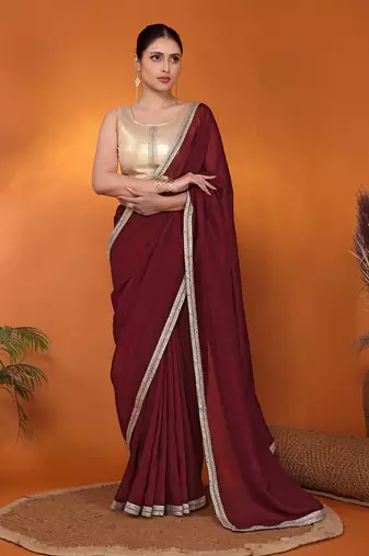 Maroon embellished organza bollywood saree with blouse piece