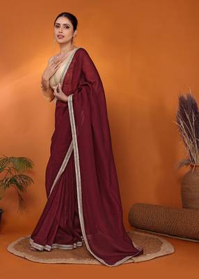 Maroon embellished organza bollywood saree with blouse piece 3