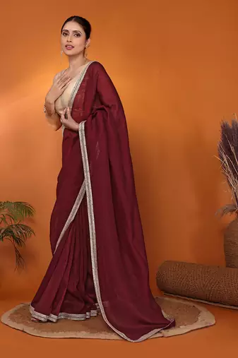 Maroon embellished organza bollywood saree with blouse piece