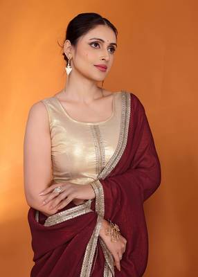 Maroon embellished organza bollywood saree with blouse piece 4