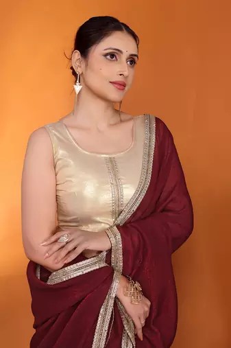 Maroon embellished organza bollywood saree with blouse piece