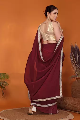 Maroon embellished organza bollywood saree with blouse piece