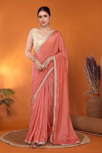 Peach embellished pure georgette bollywood saree with blouse piece