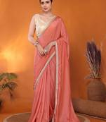 Peach embellished pure georgette bollywood saree with blouse piece