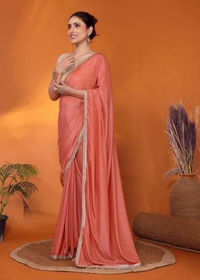 Peach embellished pure georgette bollywood saree with blouse piece 2