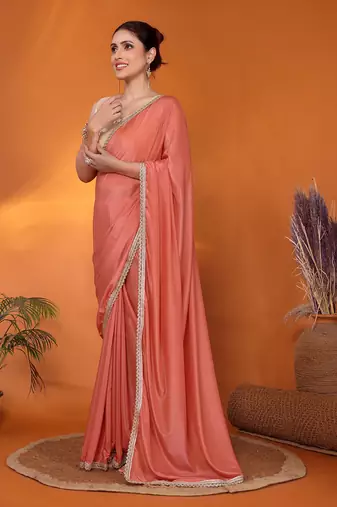 Peach embellished pure georgette bollywood saree with blouse piece