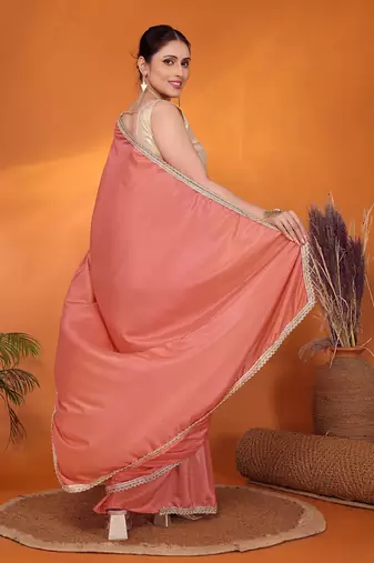 Peach embellished pure georgette bollywood saree with blouse piece