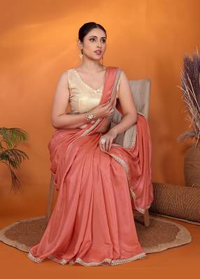 Peach embellished pure georgette bollywood saree with blouse piece 4