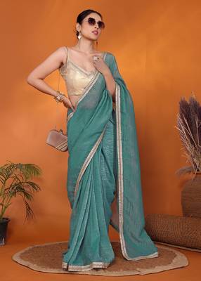Blue embellished organza bollywood saree with blouse piece 1