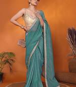Blue embellished organza bollywood saree with blouse piece
