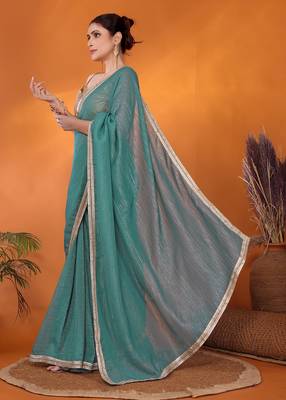 Blue embellished organza bollywood saree with blouse piece 3