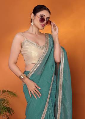 Blue embellished organza bollywood saree with blouse piece 4