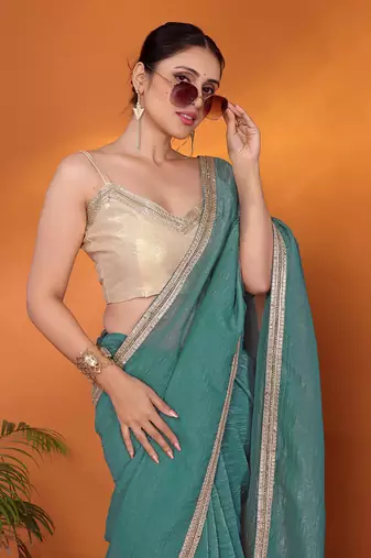 Blue embellished organza bollywood saree with blouse piece
