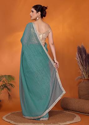 Blue embellished organza bollywood saree with blouse piece 5