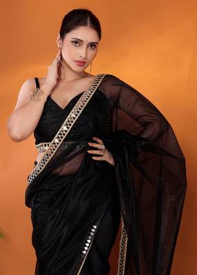 Black embellished organza bollywood saree with blouse piece 1