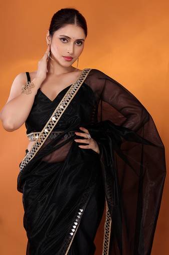Black embellished organza bollywood saree with blouse piece