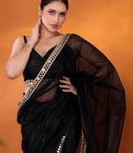 Black embellished organza bollywood saree with blouse piece