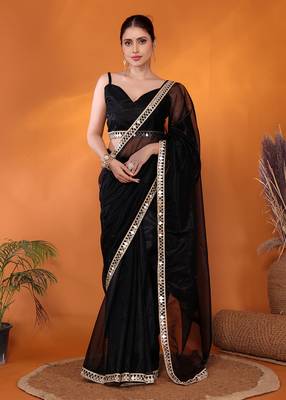 Black embellished organza bollywood saree with blouse piece 2