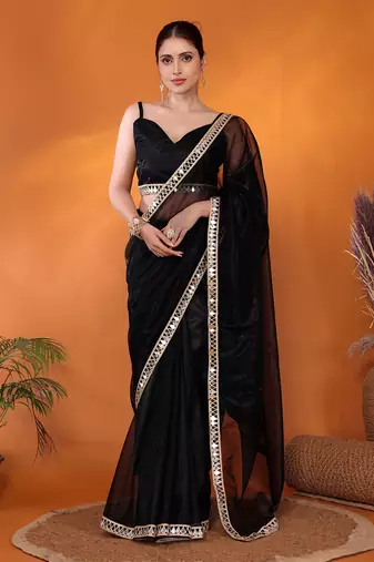 Black embellished organza bollywood saree with blouse piece