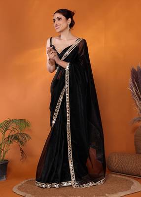 Black embellished organza bollywood saree with blouse piece 3