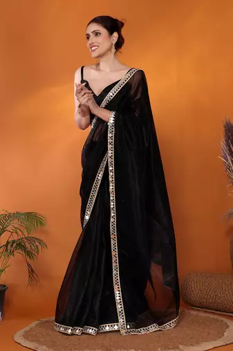 Black embellished organza bollywood saree with blouse piece