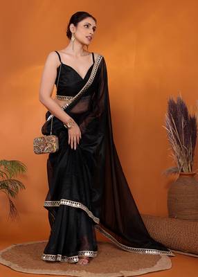 Black embellished organza bollywood saree with blouse piece 4