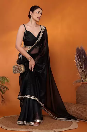 Black embellished organza bollywood saree with blouse piece