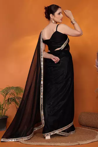 Black embellished organza bollywood saree with blouse piece
