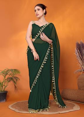 Green embellished pure georgette bollywood saree with blouse piece 1