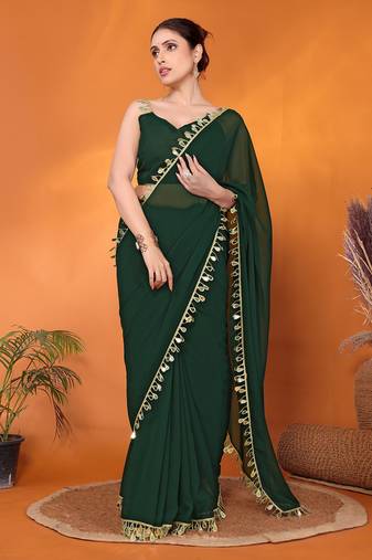 Green embellished pure georgette bollywood saree with blouse piece