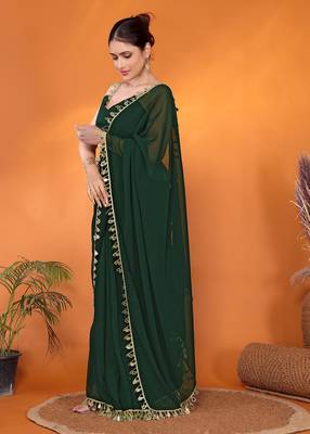 Green embellished pure georgette bollywood saree with blouse piece 2
