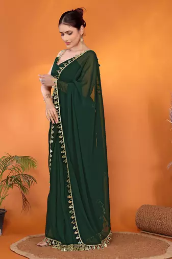 Green embellished pure georgette bollywood saree with blouse piece