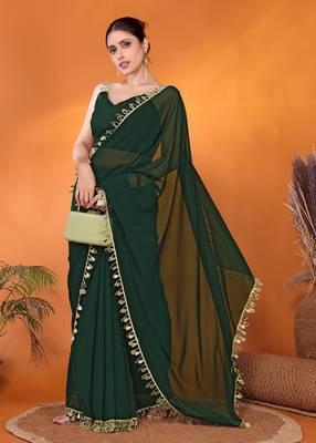 Green embellished pure georgette bollywood saree with blouse piece 3