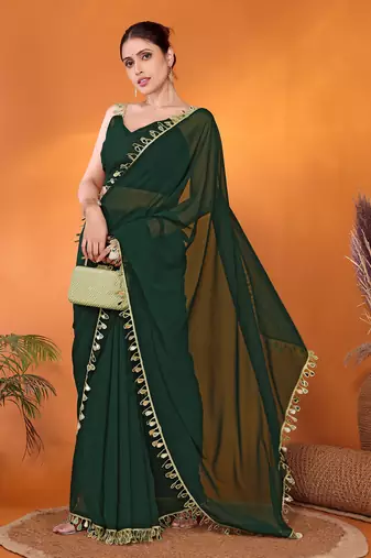 Green embellished pure georgette bollywood saree with blouse piece