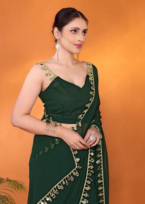 Green embellished pure georgette bollywood saree with blouse piece 4