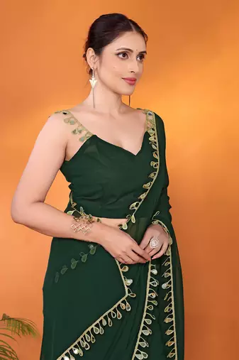Green embellished pure georgette bollywood saree with blouse piece