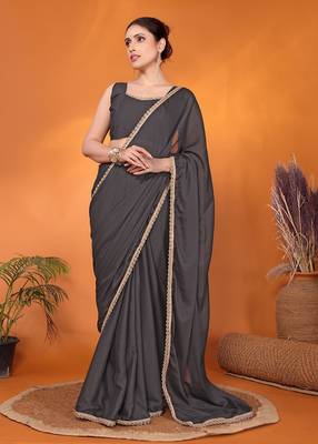 Grey embellished pure georgette bollywood saree with blouse piece 1