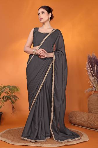 Grey embellished pure georgette bollywood saree with blouse piece