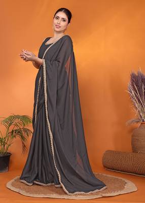 Grey embellished pure georgette bollywood saree with blouse piece 2
