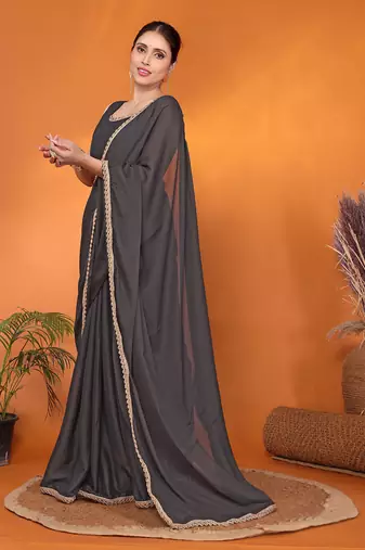 Grey embellished pure georgette bollywood saree with blouse piece