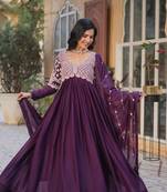 Wine Georgette With Embroidery Beads Sequins Work Long Kurti & Dupatta