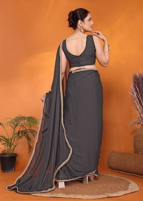 Grey embellished pure georgette bollywood saree with blouse piece 3