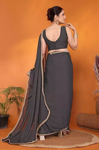 Grey embellished pure georgette bollywood saree with blouse piece