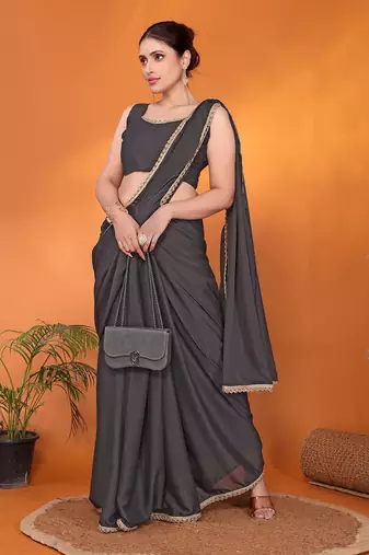 Grey embellished pure georgette bollywood saree with blouse piece
