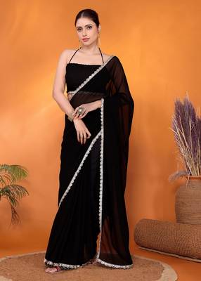 Black embellished pure georgette bollywood saree with blouse piece 1
