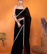 Black embellished pure georgette bollywood saree with blouse piece