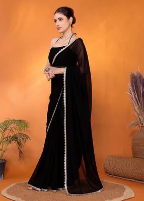 Black embellished pure georgette bollywood saree with blouse piece 2
